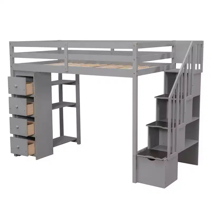 Whisen Twin size Wooden Loft Bed with Storage Drawers and Stairs, Shelves