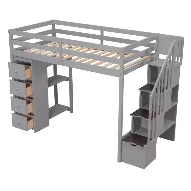 Whisen Twin size Wooden Loft Bed with Storage Drawers and Stairs, Shelves