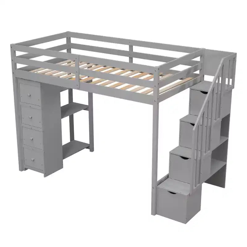 Whisen Twin size Wooden Loft Bed with Storage Drawers and Stairs, Shelves