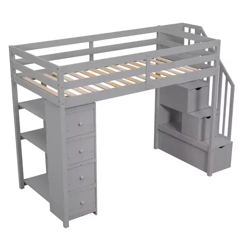 Whisen Twin size Wooden Loft Bed with Storage Drawers and Stairs, Shelves