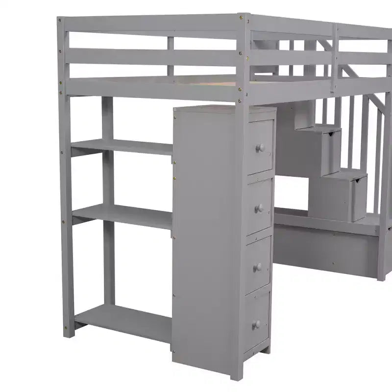 Whisen Twin size Wooden Loft Bed with Storage Drawers and Stairs, Shelves