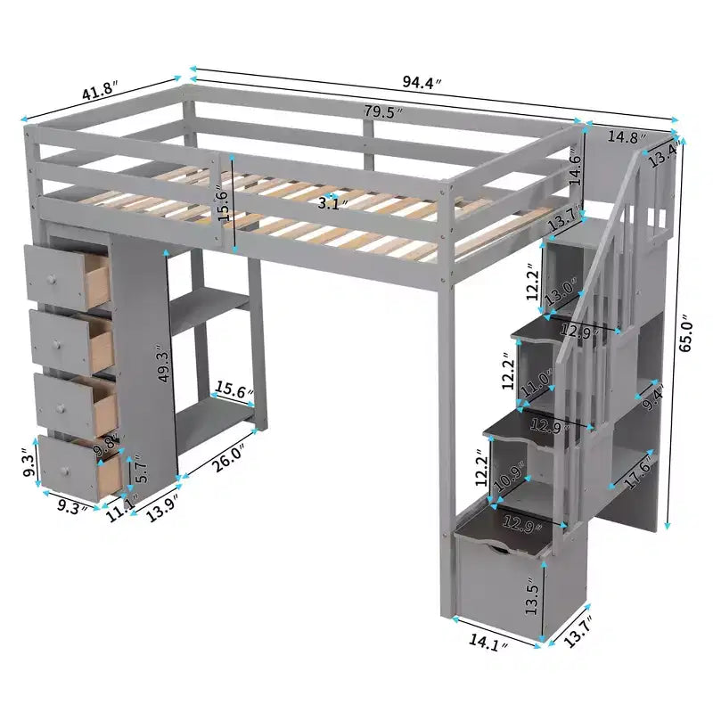 Whisen Twin size Wooden Loft Bed with Storage Drawers and Stairs, Shelves