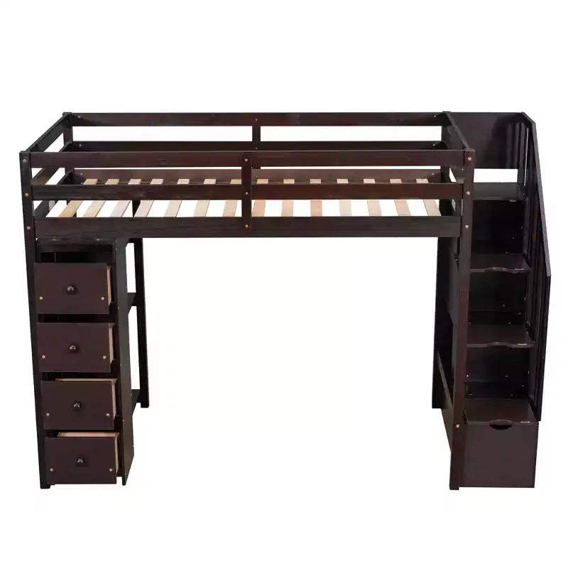 Whisen Twin size Wooden Loft Bed with Storage Drawers and Stairs, Shelves