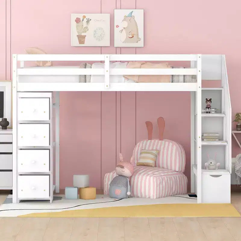 Whisen Twin size Wooden Loft Bed with Storage Drawers and Stairs, Shelves