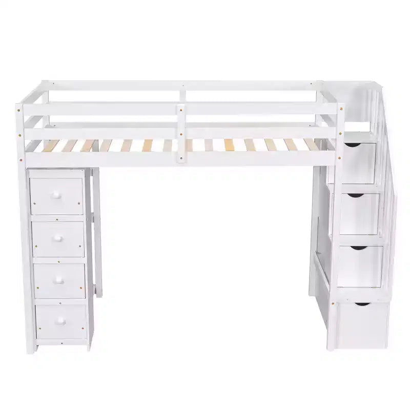 Whisen Twin size Wooden Loft Bed with Storage Drawers and Stairs, Shelves