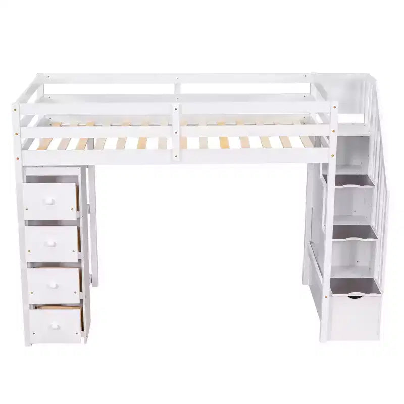 Whisen Twin size Wooden Loft Bed with Storage Drawers and Stairs, Shelves