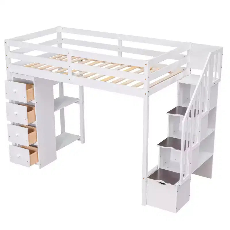 Whisen Twin size Wooden Loft Bed with Storage Drawers and Stairs, Shelves
