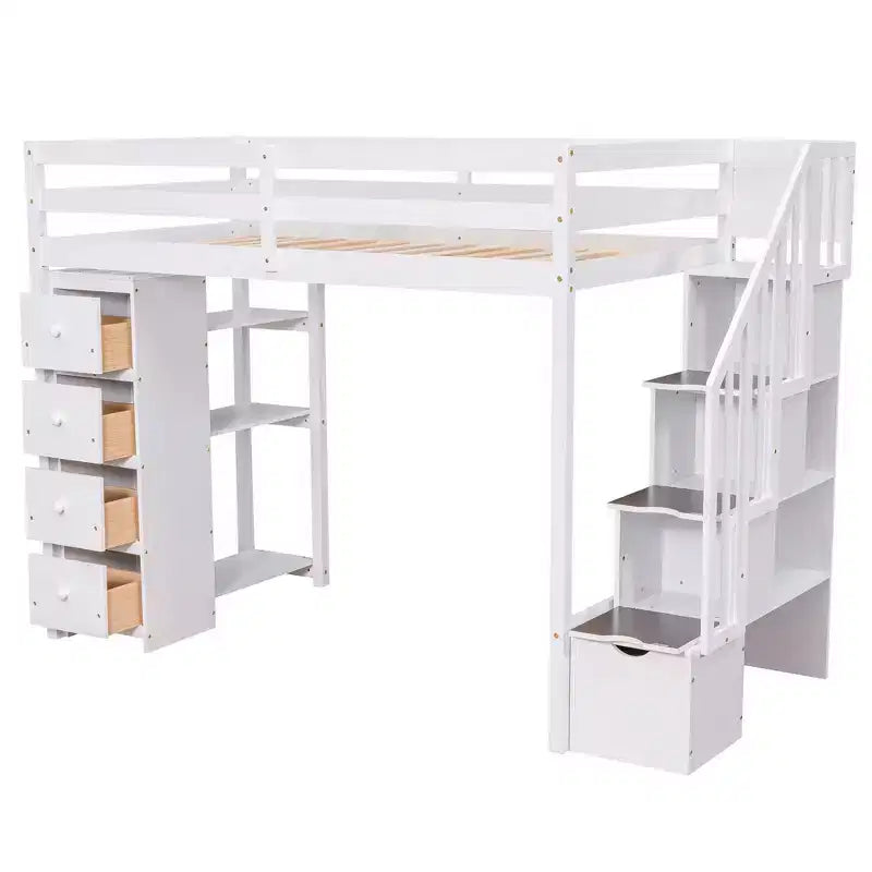 Whisen Twin size Wooden Loft Bed with Storage Drawers and Stairs, Shelves