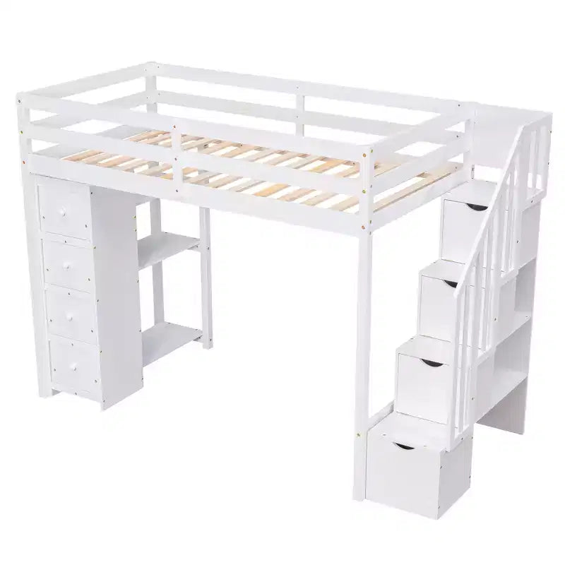 Whisen Twin size Wooden Loft Bed with Storage Drawers and Stairs, Shelves