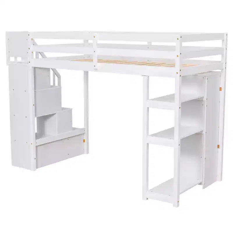 Whisen Twin size Wooden Loft Bed with Storage Drawers and Stairs, Shelves