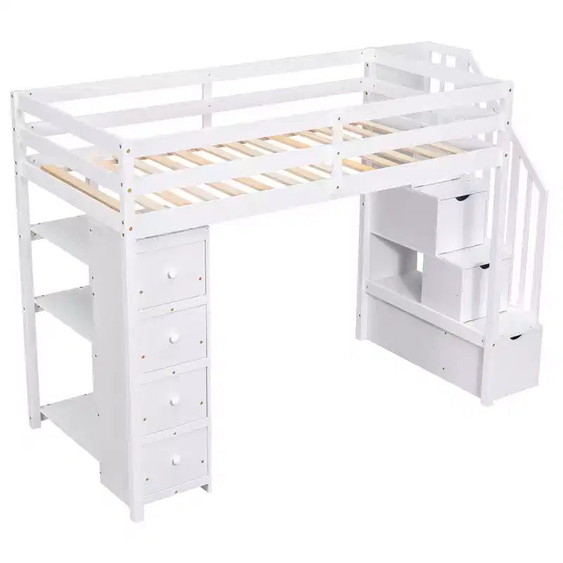Whisen Twin size Wooden Loft Bed with Storage Drawers and Stairs, Shelves