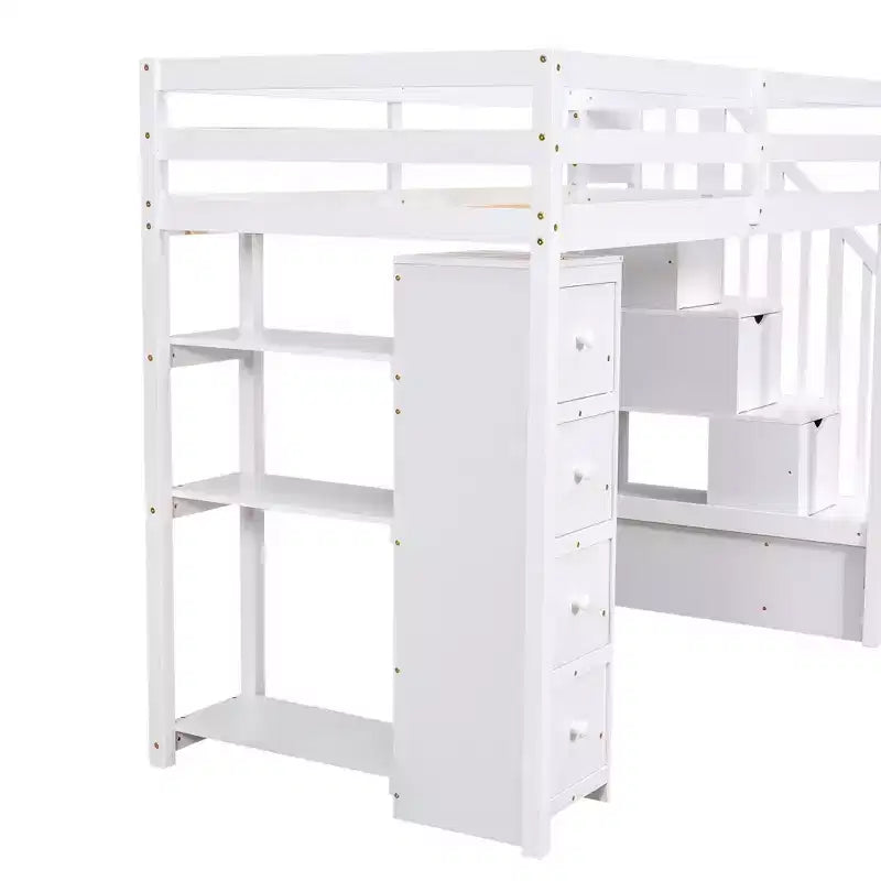 Whisen Twin size Wooden Loft Bed with Storage Drawers and Stairs, Shelves