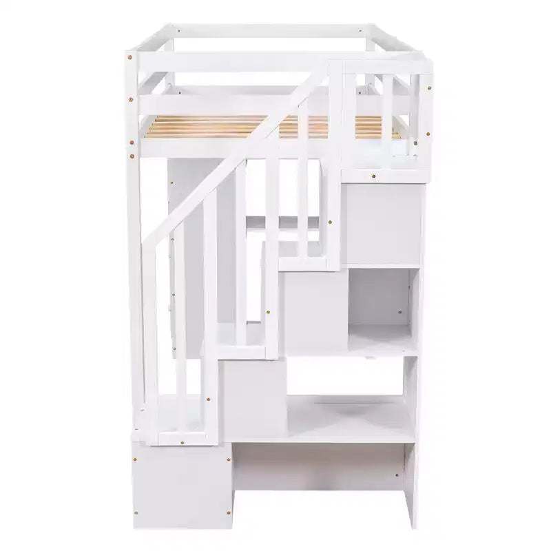 Whisen Twin size Wooden Loft Bed with Storage Drawers and Stairs, Shelves