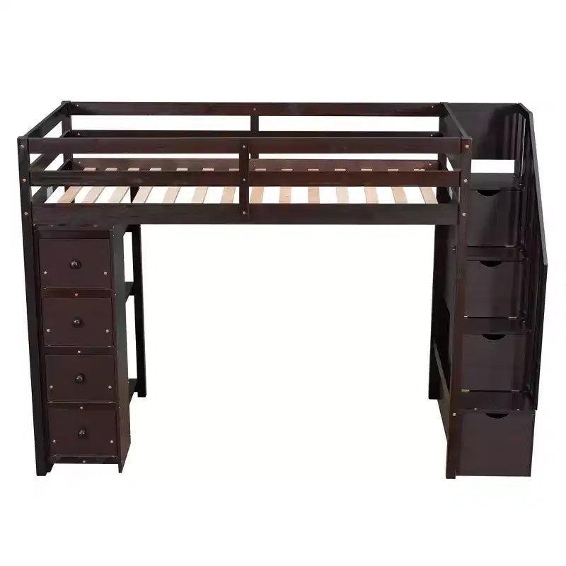 Whisen Twin size Wooden Loft Bed with Storage Drawers and Stairs, Shelves