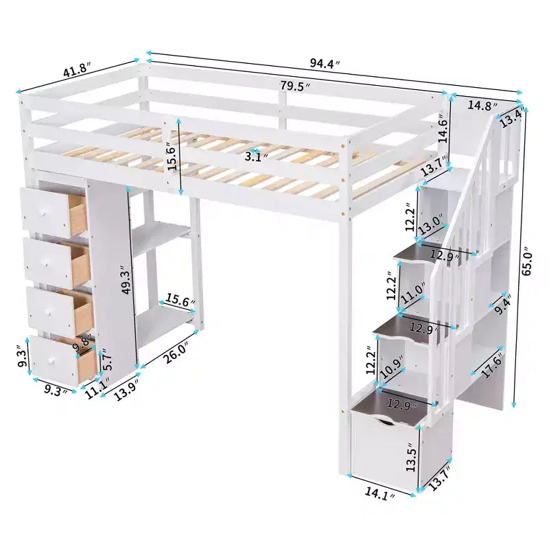 Whisen Twin size Wooden Loft Bed with Storage Drawers and Stairs, Shelves