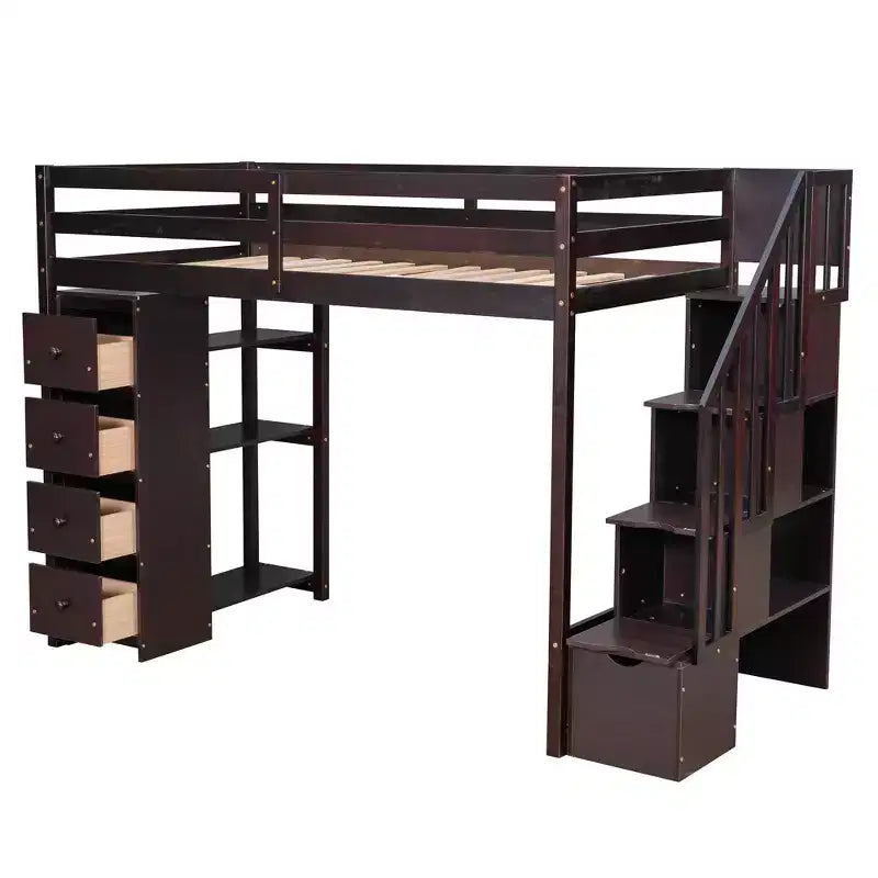 Whisen Twin size Wooden Loft Bed with Storage Drawers and Stairs, Shelves