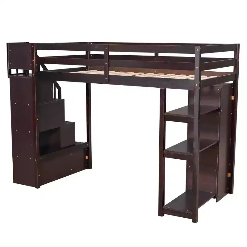 Whisen Twin size Wooden Loft Bed with Storage Drawers and Stairs, Shelves