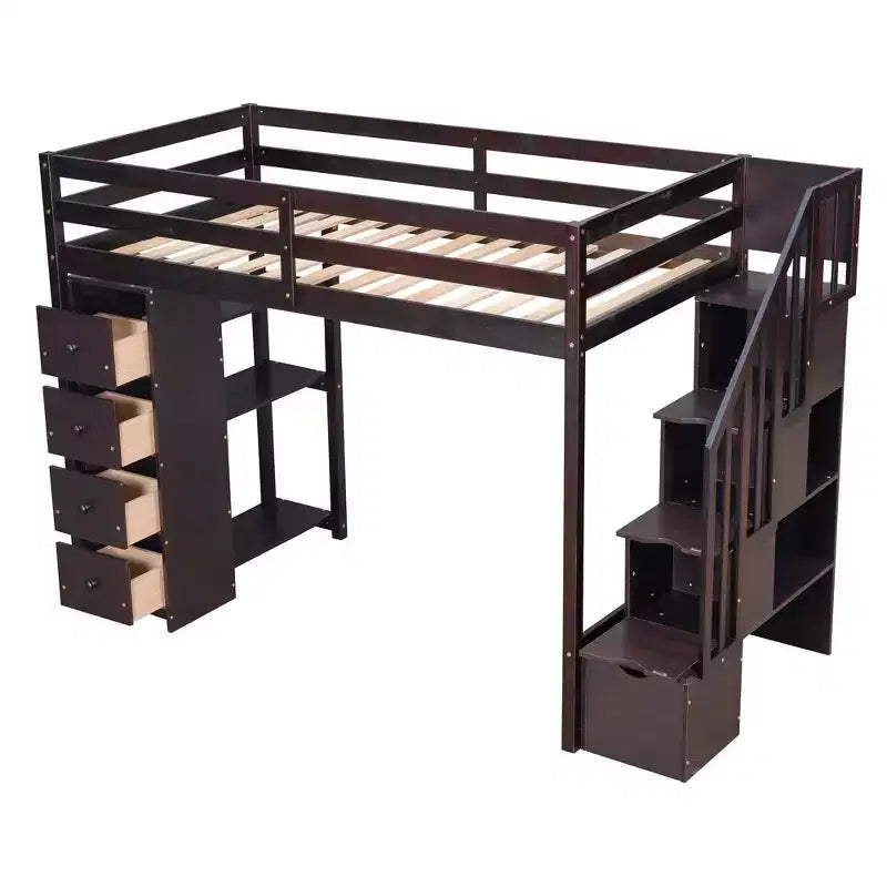 Whisen Twin size Wooden Loft Bed with Storage Drawers and Stairs, Shelves