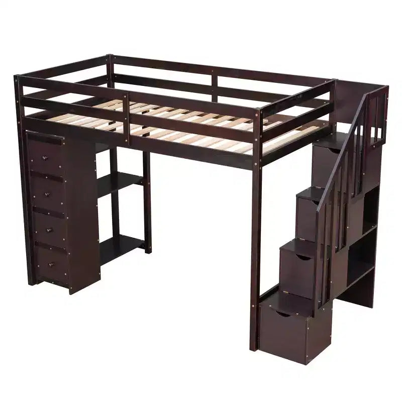 Whisen Twin size Wooden Loft Bed with Storage Drawers and Stairs, Shelves