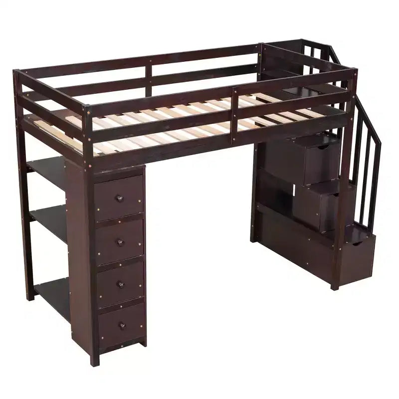 Whisen Twin size Wooden Loft Bed with Storage Drawers and Stairs, Shelves