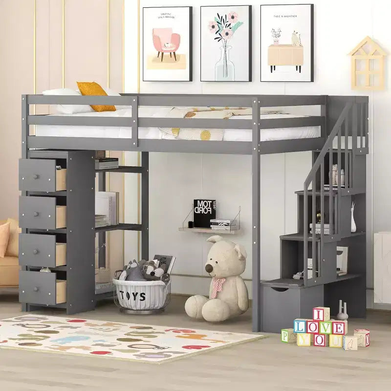 Whisen Twin size Wooden Loft Bed with Storage Drawers and Stairs, Shelves