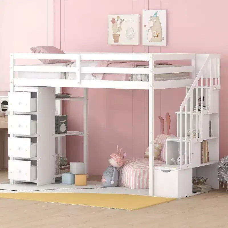 Whisen Twin size Wooden Loft Bed with Storage Drawers and Stairs, Shelves