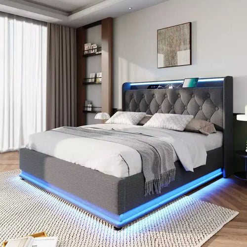 Bellemave Full Upholstered Platform Bed with 360 Surround LED Function,Upholstered Platform Bed Frame with USB Type-C charging, Gray