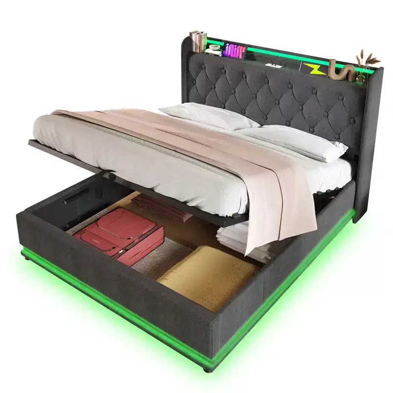 Bellemave Full Upholstered Platform Bed with 360 Surround Function,Upholstered Platform Bed Frame with Type-C charging, Gray
