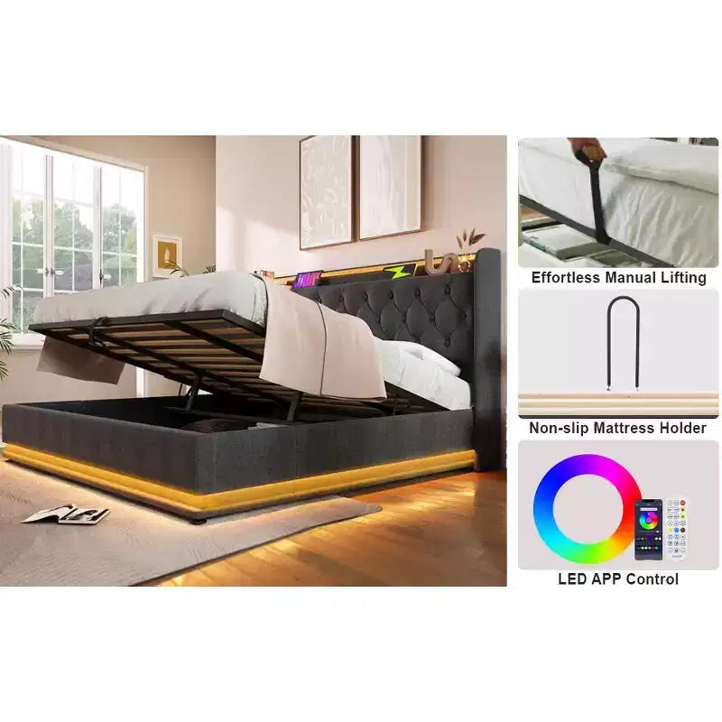 Bellemave Full Upholstered Platform Bed with 360 Surround Function,Upholstered Platform Bed Frame with Type-C charging, Gray