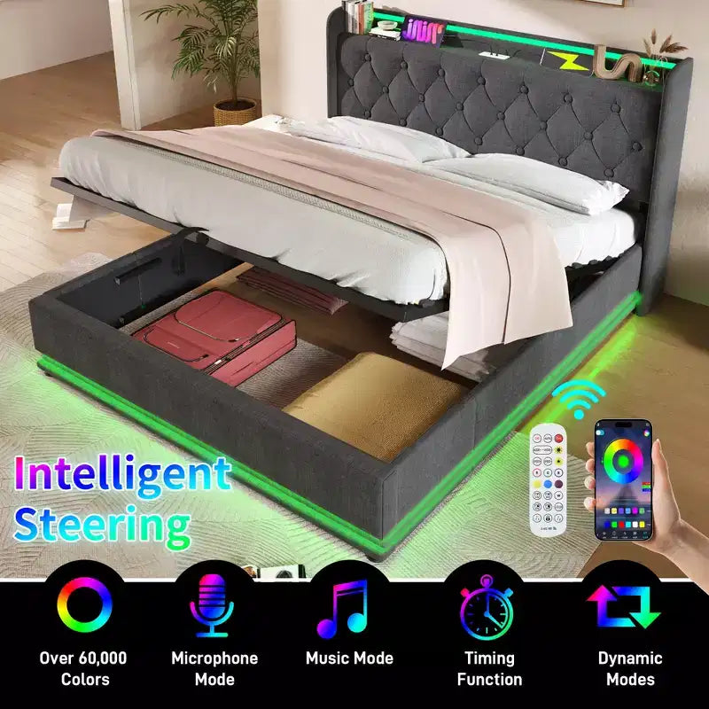 Bellemave Full Upholstered Platform Bed with 360 Surround Function,Upholstered Platform Bed Frame with Type-C charging, Gray
