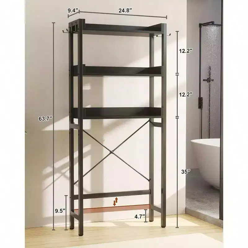 Over - Toilet Storage Rack 3 - Tier Bathroom Organizer Shelf Freestanding Space Saver with 4 Hooks Black