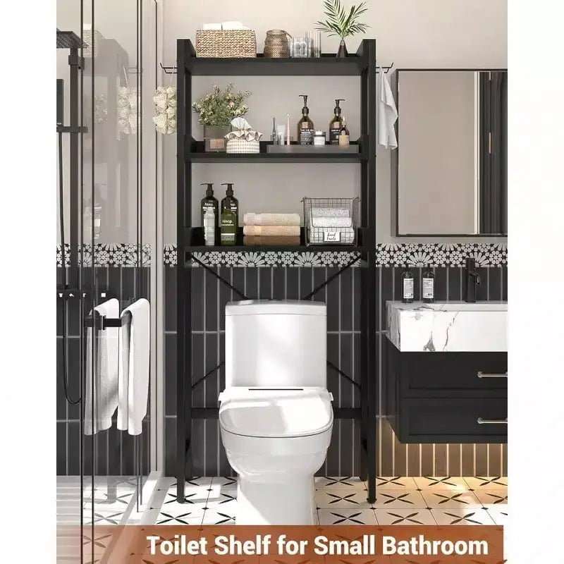 Over - Toilet Storage Rack 3 - Tier Bathroom Organizer Shelf Freestanding Space Saver with 4 Hooks Black