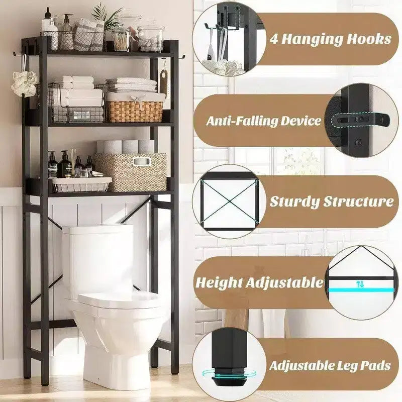 Over - Toilet Storage Rack 3 - Tier Bathroom Organizer Shelf Freestanding Space Saver with 4 Hooks Black