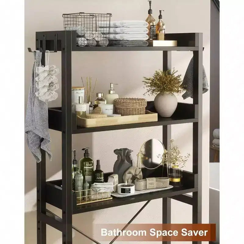 Over - Toilet Storage Rack 3 - Tier Bathroom Organizer Shelf Freestanding Space Saver with 4 Hooks Black