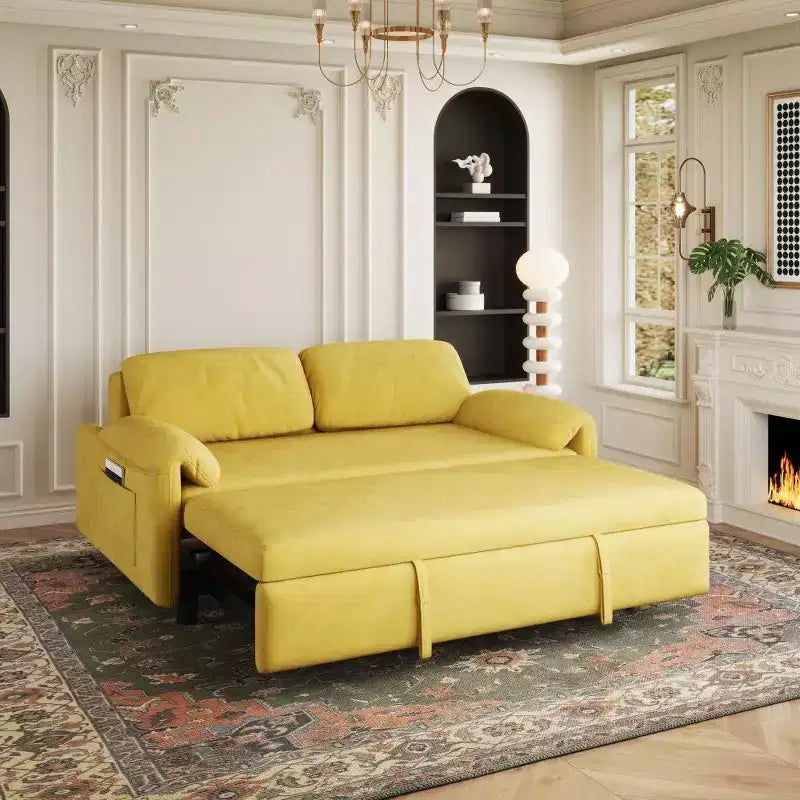 54-inch Modern Convertible Sofa,Velvet Sofa Bed with Storage Pockets,Retractable 2-in-1 Loveseat for Living Room,Small Space
