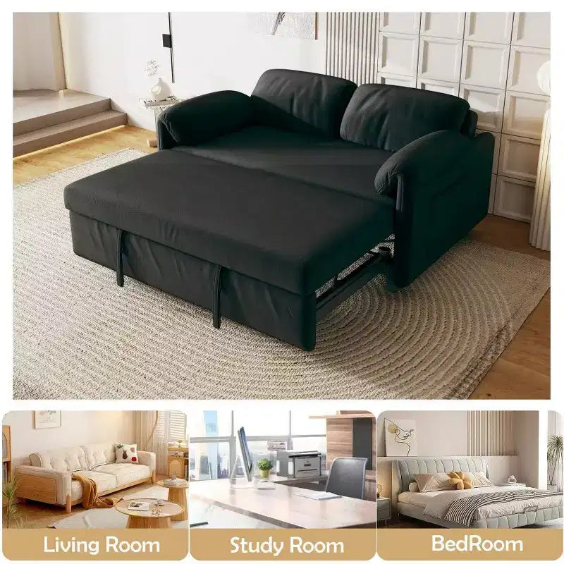 54-inch Modern Convertible Sofa,Velvet Sofa Bed with Storage Pockets,Retractable 2-in-1 Loveseat for Living Room,Small Space
