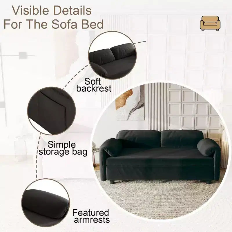 54-inch Modern Convertible Sofa,Velvet Sofa Bed with Storage Pockets,Retractable 2-in-1 Loveseat for Living Room,Small Space