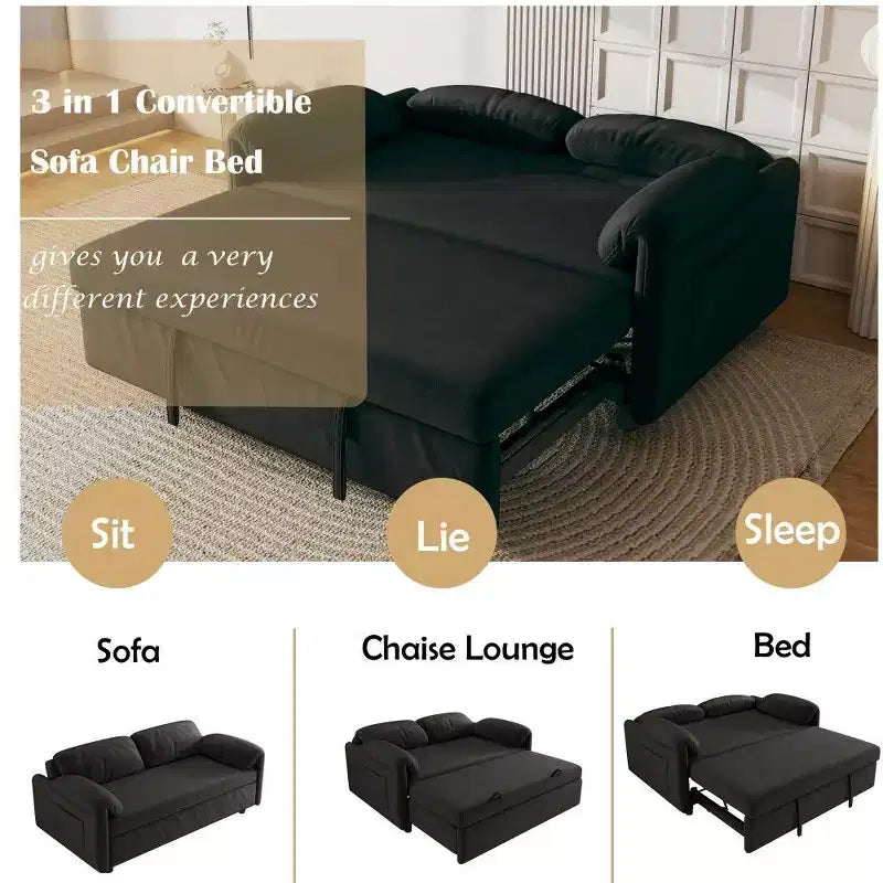 54-inch Modern Convertible Sofa,Velvet Sofa Bed with Storage Pockets,Retractable 2-in-1 Loveseat for Living Room,Small Space