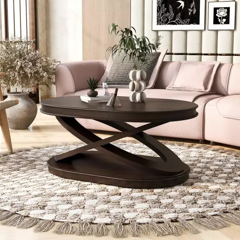 31.5 Modern Oval Coffee Table with X-Shaped Base, Minimalist Wood Veneer Sofa Center Table for Living Room or Home Office-Panipeachy