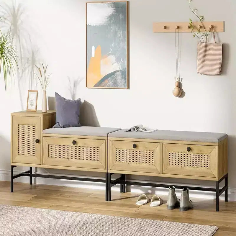 Rattan Shoe Bench with Storage, Entryway Bench with Flip Drawer Shoe Cabinet, Show Storage Bench for Hallway and Bedroom