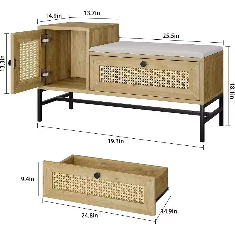 Rattan Shoe Bench with Storage, Entryway Bench with Flip Drawer Shoe Cabinet, Show Storage Bench for Hallway and Bedroom