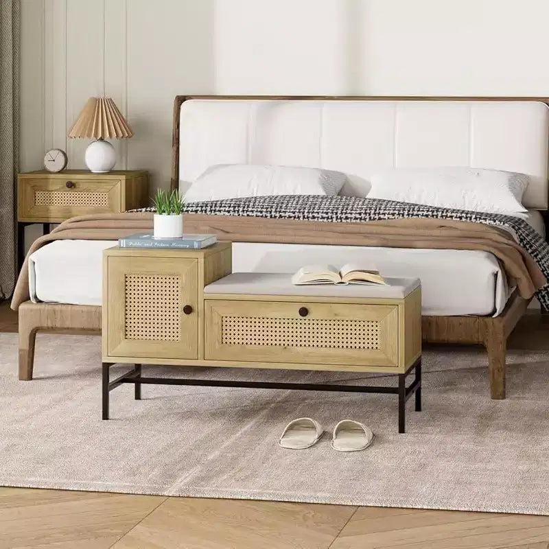 Rattan Shoe Bench with Storage, Entryway Bench with Flip Drawer Shoe Cabinet, Show Storage Bench for Hallway and Bedroom