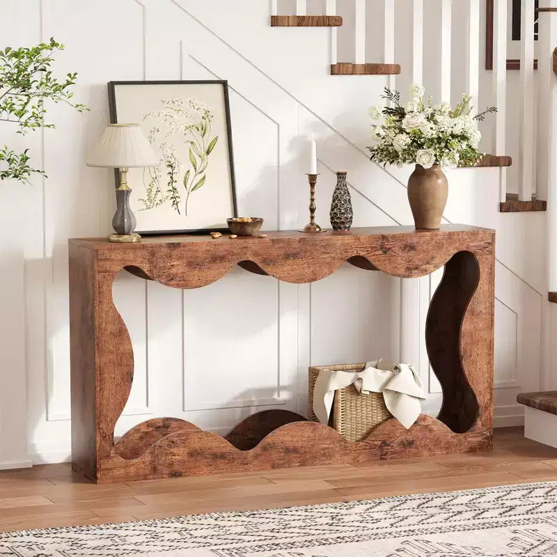 63" Console Table, Beige/Brown, Farmhouse Style, 1-Person Assembly