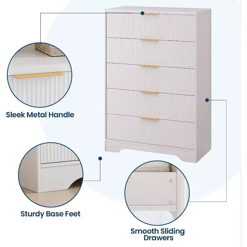 47 Inch Tall Fluted 5-Drawer Dresser with Gold Handles, Wood Tone Finish Storage Cabinet for Bedroom Closet and Entryway, Multi-Use Organizer
