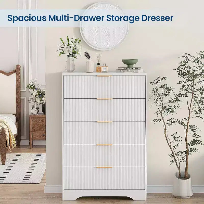 47 Inch Tall Fluted 5-Drawer Dresser with Gold Handles, Wood Tone Finish Storage Cabinet for Bedroom Closet and Entryway, Multi-Use Organizer