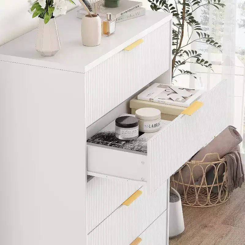 47 Inch Tall Fluted 5-Drawer Dresser with Gold Handles, Wood Tone Finish Storage Cabinet for Bedroom Closet and Entryway, Multi-Use Organizer