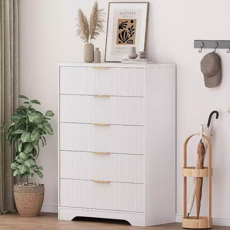 47 Inch Tall Fluted 5-Drawer Dresser with Gold Handles, Wood Tone Finish Storage Cabinet for Bedroom Closet and Entryway, Multi-Use Organizer