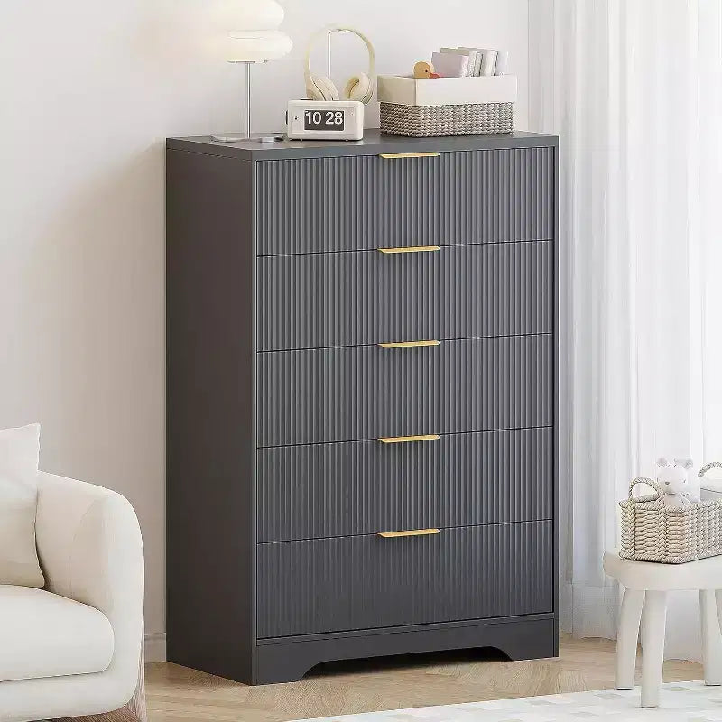 47 Inch Tall Fluted 5-Drawer Dresser with Gold Handles, Wood Tone Finish Storage Cabinet for Bedroom Closet and Entryway, Multi-Use Organizer