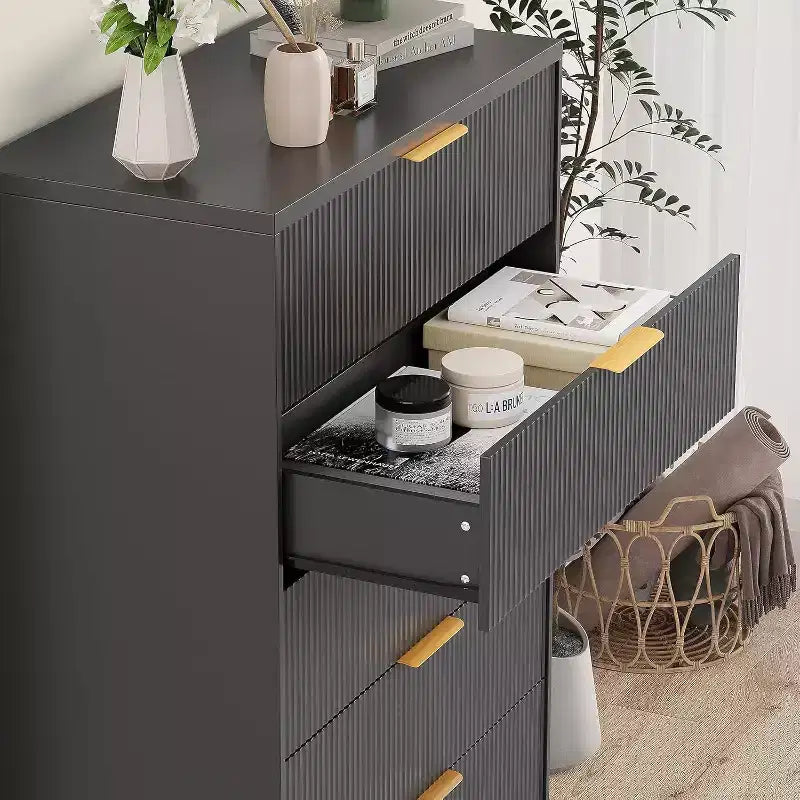 47 Inch Tall Fluted 5-Drawer Dresser with Gold Handles, Wood Tone Finish Storage Cabinet for Bedroom Closet and Entryway, Multi-Use Organizer