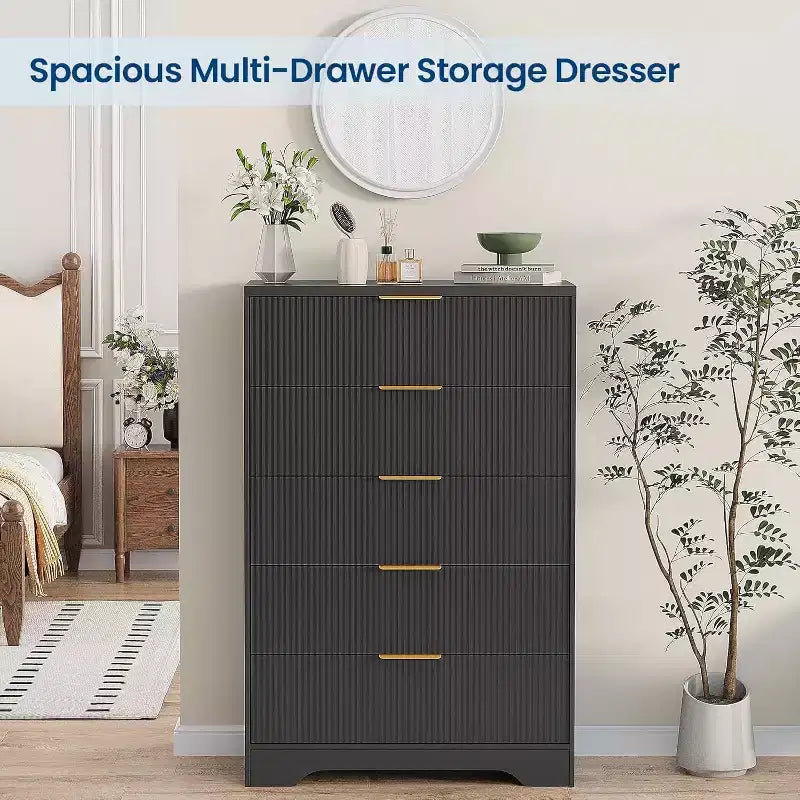 47 Inch Tall Fluted 5-Drawer Dresser with Gold Handles, Wood Tone Finish Storage Cabinet for Bedroom Closet and Entryway, Multi-Use Organizer